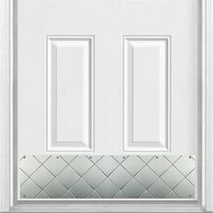 a white front door with two sidelights and diamond glass panels on the bottom panel