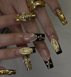 Black Red Gold Nails, Gold And Black Nail Designs, Black Cross Nails, Luv Nails, Short Acrylic Nails Designs, Acrylic Nails Coffin