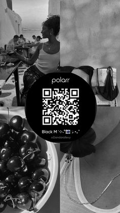 a woman sitting on a bench next to a bowl of fruit and a qr code