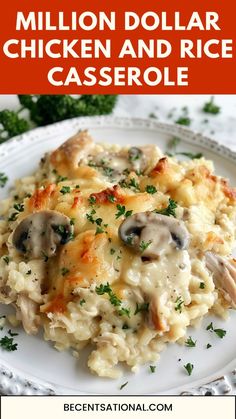 chicken and rice casserole on a white plate with text overlay that reads, million dollar chicken and rice casserole