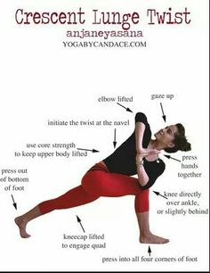 a woman doing yoga poses with the words crescent lunge twist