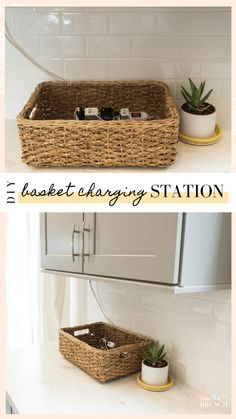 two baskets sitting on top of a counter next to each other with plants in them