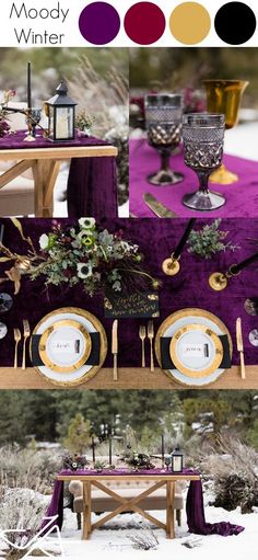 an image of a table setting with purple and gold