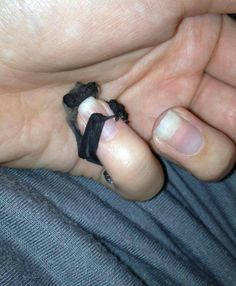 a person holding a small black object in their left hand and wearing it as a ring