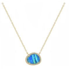 Gold Plated Crystal Lab-Created Opal Charm measures approximately 1/2" Adjustable slider chain up to 18" Please note: This necklace can also be made in sterling silver. Please contact us directly to special order. Pebble Necklace, Blue Opal, White Stripe, Diamond Necklace, Opal, Gold Plate, Blue Color, Lab, Plating