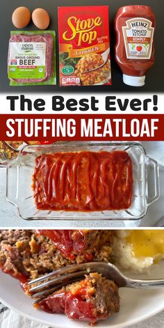 the best ever stuffed meatloaf recipe is in this collage and it's ready to be eaten