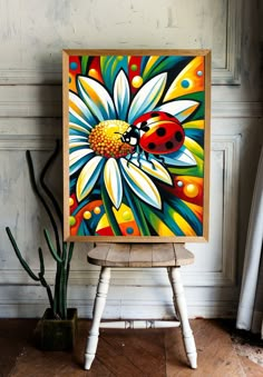 a ladybug on a flower painting sitting on top of a wooden chair