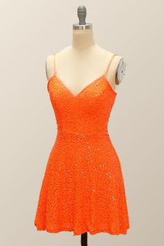 Spaghetti Straps Homecoming Cocktail Dresses A Line Sequins Short/Mini Orange Sleeveless Dresses For Prom Season, Orange Sleeveless Dress For Prom Season, Summer Homecoming Dresses With Spaghetti Straps, Orange Spaghetti Straps Evening Dress, Summer Homecoming Dresses With Adjustable Straps, Orange Party Dress With Spaghetti Straps, Orange Spaghetti Strap Party Dress, Orange Spaghetti Strap Dress For Party, Orange Mini Dress With Spaghetti Straps For Evening