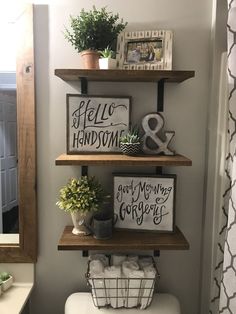 a bathroom with three shelves above the toilet and two plants on top of it,