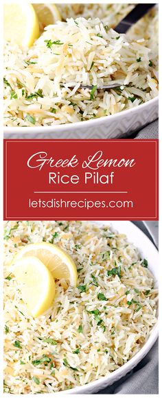 rice pilaf with lemons and parsley on top in a white dish