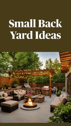 an outdoor living area with couches, tables and fire pit in the back yard