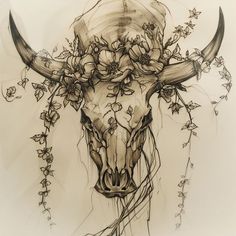 a drawing of a bull's head with flowers and vines on its horns is shown