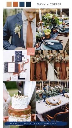 a collage of photos showing different types of wedding decorations and colors for the table