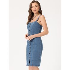 A jean dress is a must-have staple item in your all-year-around wardrobe. This sleeveless tank dress with breathable denim fabric, a simple and classic design, is perfect for summer. You also can pair it with casual basic t-shirt tops or blouses for an elegant and chic look. Stylish denim dresses for women can be easily dressed down, paired with some sweet sandals or a sassy pair of heels for a dainty and feminine look. Fitted Sleeveless Dress With Buttons For Casual Wear, Sleeveless Dark Wash Dress With Buttons, Sleeveless Denim Blue Dress For Day Out, Fitted Casual Sleeveless Dress With Buttons, Sleeveless Denim Blue Dress With Buttons, Sleeveless Dark Wash Denim Dress With Buttons, Casual Fitted Sleeveless Dress With Button Closure, Denim Blue Sleeveless Dress With Buttons, Trendy Sleeveless Denim Dress With Button Closure