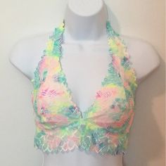 Vs Pink Unlined Floral Lace Halter In Color Bright Watercolor. Small D-Dd. Neon Geometric Pattern. Halter Neck With 3 Hook Closure. Never Worn. All Lace Intact. Perfect Condition. Smoke Free. Obo. Spring Green Bra With Lace Trim, Multicolor Beach Bra For Spring, Spring Halter Neck Bra, Green Lace Trim Bra For Spring, Summer Multicolor Bra, Green Stretch Bra For Spring, Spring Green Stretch Bra, Neon Geometric, Bright Watercolor