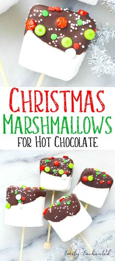 christmas marshmallows on a stick with the title in green and white above it