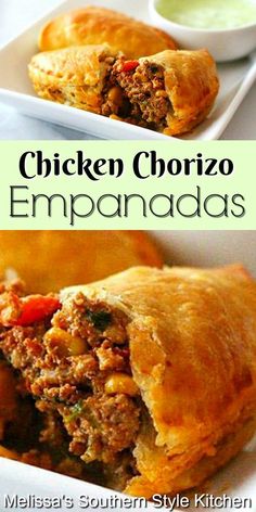 chicken chorizo empanadas on a plate with dipping sauce