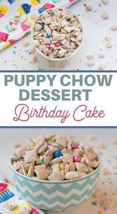 puppy chow birthday cake in a bowl with sprinkles