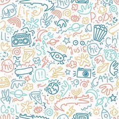 an image of colorful doodles on a white background with blue, orange and red colors