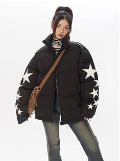 Look out of this world in our Star Puffer Jacket! Featuring an eye-catching pattern of stars across the sleeve, our coat will keep you warm and stylish all season long. Model is 5'4 115lbs wearing M Star Puffer Jacket, Goth Winter, Game Protagonist, Cat Rabbit, Rabbit Print, Oversized Denim Jacket, Puffy Jacket, Oversized Jacket, Out Of This World