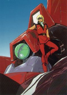 an anime character standing on top of a giant red object