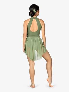 a woman in a green leotard with her back turned to the camera,