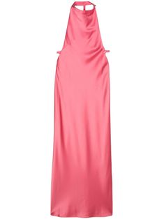 Barbie pink satin finish press-stud fastening halterneck sleeveless rear criss-cross straps open back column silhouette straight hem long length partial lining Saten Dress, Gown Pink, Satin Gown, Halter Neckline, Pink Satin, Press Studs, Cross Straps, Long Length, Satin Finish