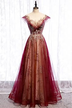 Shop burgundy formal prom dress with bling gold sequins cap sleeves online. Sheprom offers formal, party, casual & more style dresses to fit your special occasions. Beautiful Gradient, A Line Prom Dress, Yule Ball, Prom Dress Ideas, Red Evening Dress, فستان سهرة, A Line Prom Dresses, Prom Ideas, Dresses 2020