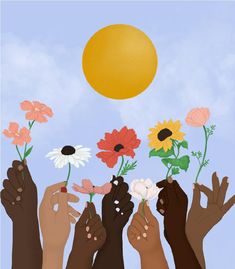 several hands reaching for flowers in front of a blue sky with sun and clouds behind them