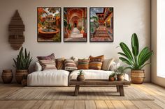 a living room filled with lots of furniture and paintings on the wall next to potted plants