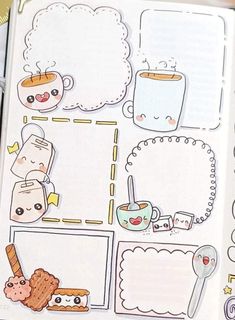 an open notebook with stickers and pictures on the pages, including coffee mugs