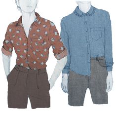 two men's shirts and pants are shown in this drawing, one is blue and the other is brown