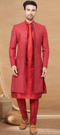 Red and Maroon color IndoWestern Dress in Art Silk fabric with Embroidered, Resham, Sequence, Thread work Fitted Red Dresses For Transitional Season, Fitted Red Dress For Transitional Season, Red Fitted Dress For Transitional Season, Transitional Fitted Red Dress, Red Fitted Kurta For Festive Occasions, Red Long Sleeve Formal Kurta, Red Long Sleeve Kurta For Wedding, Red Long Sleeve Wedding Kurta, Fitted Red Kurta With Resham Embroidery