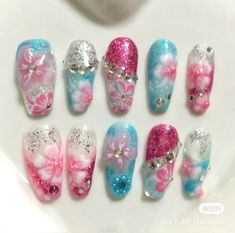 Underwater Nails, Blue Flower Nails, Gyaru Pink, Nails Gyaru, Nails Beach, Hippie Nails, Grunge Nails