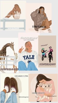 a series of photos with different people and animals on them, all in different colors