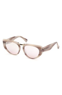 Shapely frames elevate stylish sunglasses with versatile appeal. 54mm lens width; 18mm bridge width; 140mm temple length 100% UV protection Acetate Imported Acetate Cat Eye Sunglasses With Mirrored Lenses, Brown Mirror, Stylish Sunglasses, Max Mara, Cat Eye Sunglasses, Uv Protection, Horn, Cat Eye, Temple