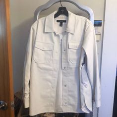 Size Small Ivory Shacket In Faux Leather Material No Imperfections! I Ship Asap Mon - Sat White Collared Outerwear For Day Out, White Utility Jacket With Button Closure For Work, Chic White Outerwear With Snap Buttons, White Collared Utility Jacket With Pockets, White Outerwear With Snap Buttons For Work, White Long Sleeve Utility Jacket, Forever 21 White Trendy Outerwear, White Button-up Utility Outerwear, Trendy White Outerwear From Forever 21