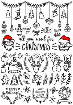 christmas doodles and hand lettering on white background