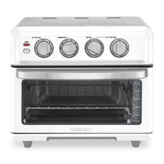 a white toaster oven with the door open and two burners on each side