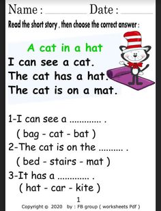 a cat in the hat worksheet for kids with pictures and words on it