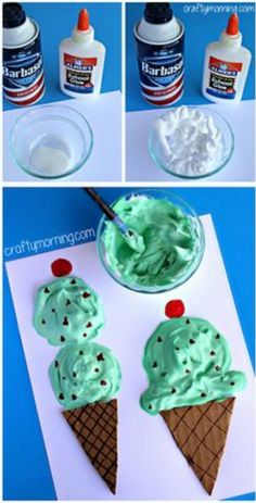 an ice cream sundae with green frosting and sprinkles on it