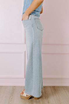 - Make space in your closet for these trendy jeans! - Unlined denim material with subtle fading - A high waistline with belt loops, a hidden zip fly, and button closure - A functional five pocket cut - A wide legged silhouette that ends in straight hemlines Measurements 1 : Front Rise 12.5", Hip 31", Inseam 32", Length 42", Waist 25". 3 : Front Rise 12.5", Hip 32", Inseam 32", Length 42", Waist 26". 5 : Front Rise 13", Hip 33", Inseam 32", Length 42", Waist 27". 7 : Front Rise 13", Hip 34", Inse