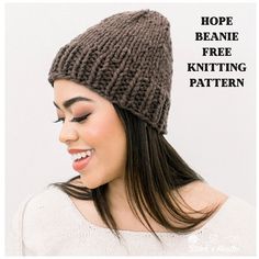 a woman wearing a brown knitted hat with the words hope beanie free knitting pattern