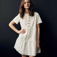 Off-White Colored Button-Front Short-Sleeve Tiered Mini Dress, Never Worn Https://Www.Madewell.Com/Button-Front-Short-Sleeve-Tiered-Mini-Dress-Ao277.Html White Mini Dress With Button Closure And Short Sleeves, White Casual Dress With Button Cuffs, Casual White Dresses With Button Cuffs, Casual White Dress With Button Cuffs, White Dress With Button Cuffs For Day Out, White Dresses With Button Cuffs For Day Out, Knee-length White Shirt Dress With Button Cuffs, White Cotton Dresses With Button Cuffs, Short Sleeve Mini Dress With Buttons For Daywear