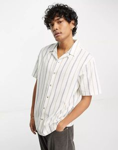 PacSun ari resort short sleeve linen shirt in white and black stripe | ASOS Striped Button-up Vacation Shirt, Striped Button-up Beach Shirt, Summer Striped Button-up Camp Shirt, White Short Sleeve T-shirt With Side Stripes, Cheap Men's T-shirt With Three Stripes Branding, Short Sleeve Linen Shirt, Design Camp, Revere Collar, Body Fit