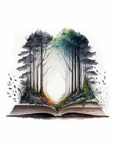 an open book with trees and leaves on the pages, surrounded by watercolors