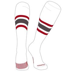 Lightweight and durable striped sports socks made to go to the knee. Casual Striped Sports Socks, Sporty Red Breathable Socks, Red Sporty Socks For Sports, Casual White Knee-high Sports Socks, Sporty Socks For Sports Events, Breathable Casual Knee-high Sports Socks, Casual Breathable Knee-high Sports Socks, Breathable Casual Knee-high Socks For Sports, Breathable Sporty Socks For Sports Events