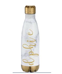 a white and gold water bottle with the words welcome on it