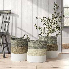 Fresh, neutral tones and texture encompass this set of round, gray, natural, and white seagrass baskets… From tote bags to laundry baskets, or simply as display baskets to accompany your other coastal or eclectic decor, these versatile baskets will bring natural style anywhere you put them! The solid gray, natural, and white blocks of color make a soft statement, while the natural texture brings an earthy vibe. Birch Lane™ Birch Lane™ 3 Piece Wicker Basket Set - Baskets Boxes & Buckets in White; Seagrass Baskets, Display Basket, Blanket Basket, Seagrass Basket, Laundry Baskets, Woven Baskets Storage, Basket Set, Rope Basket, Rattan Basket