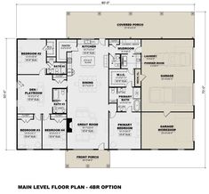 the main level floor plan for a 4 bedroom apartment with an attached kitchen and living room